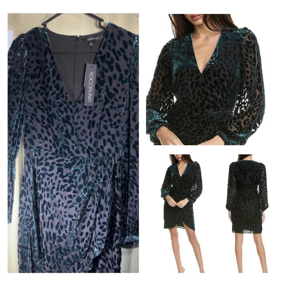 NWT Toccin NY $595 Doris Draped Mini Women's Size 8 Dress Leopard Print Teal